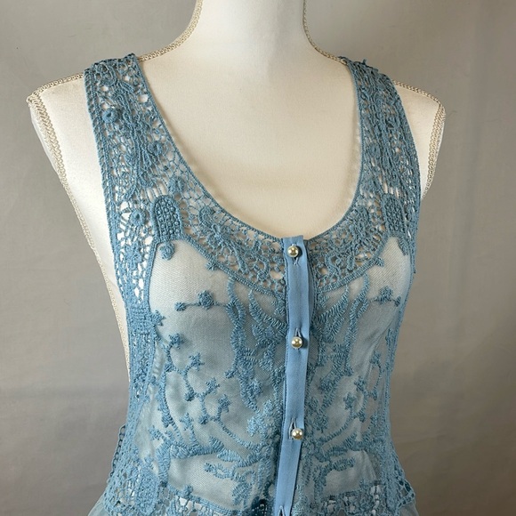 Venus Sheer Blue Lace Sleeveless Top Boho Festival Romantic Cottagecore - Picture 2 of 8